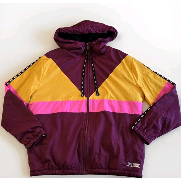 PINK Victoria Secret Jacket Women XS/S Multi Colorblock Zip LS Hood Sherpa Lined - Picture 8 of 16